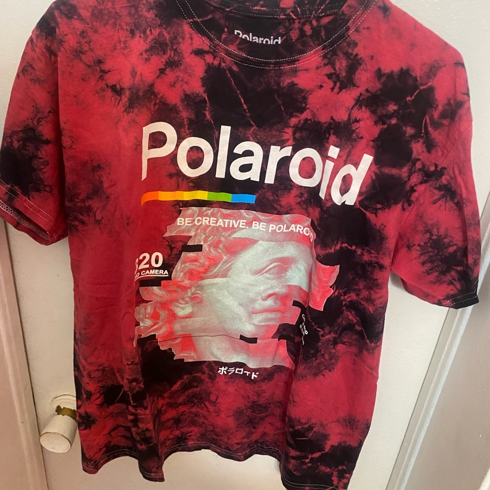 Polaroid Red & Black Tie-Dye Graphic Tee with Rainbow Accent